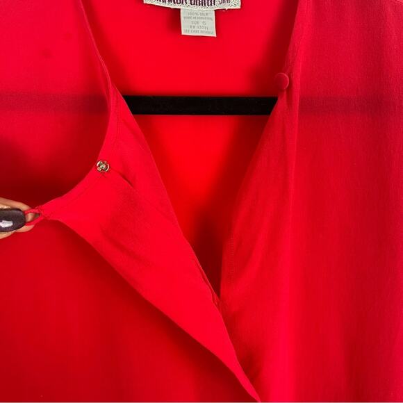 Vintage Womens 100% Silk Blouse Dolman Short Sleeve Layer Luxury Holiday Red 6 - Picture 8 of 10